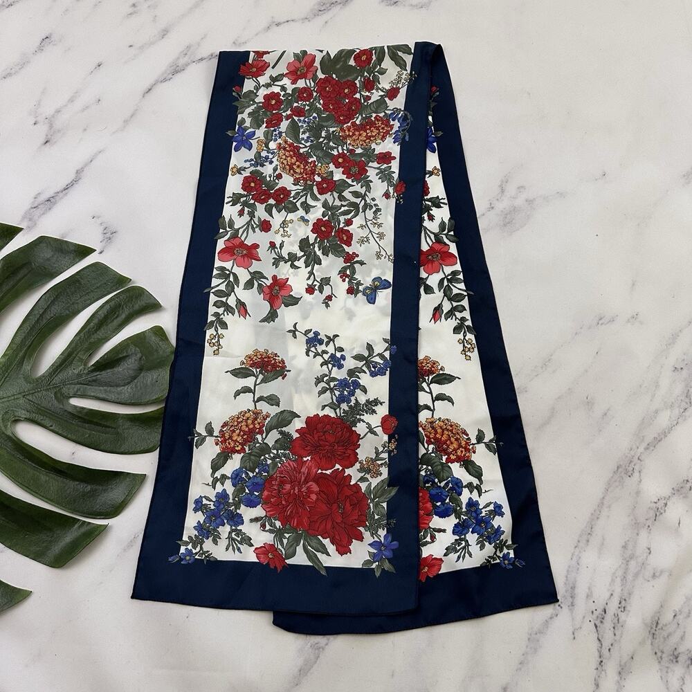 Womens Vintage 90s Silk Scarf Long Navy Blue Red Floral Wildflower Butterfly